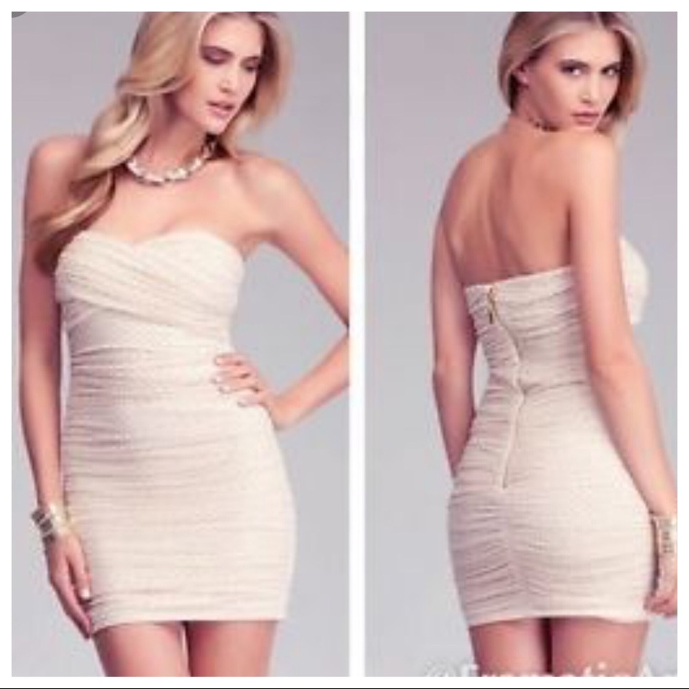 Bebe Beige Gold Studded Strapless Dress
